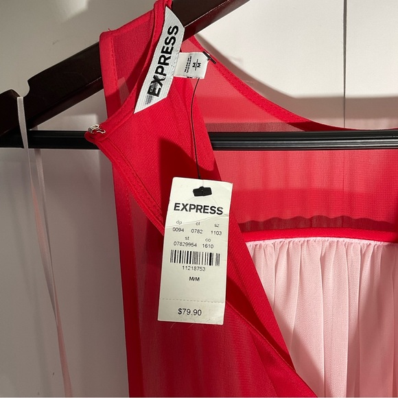 Express NWT’s Colorblock Pink & Red Cinched Waist Built-In Tube Top Dress Sz MD - Picture 7 of 15